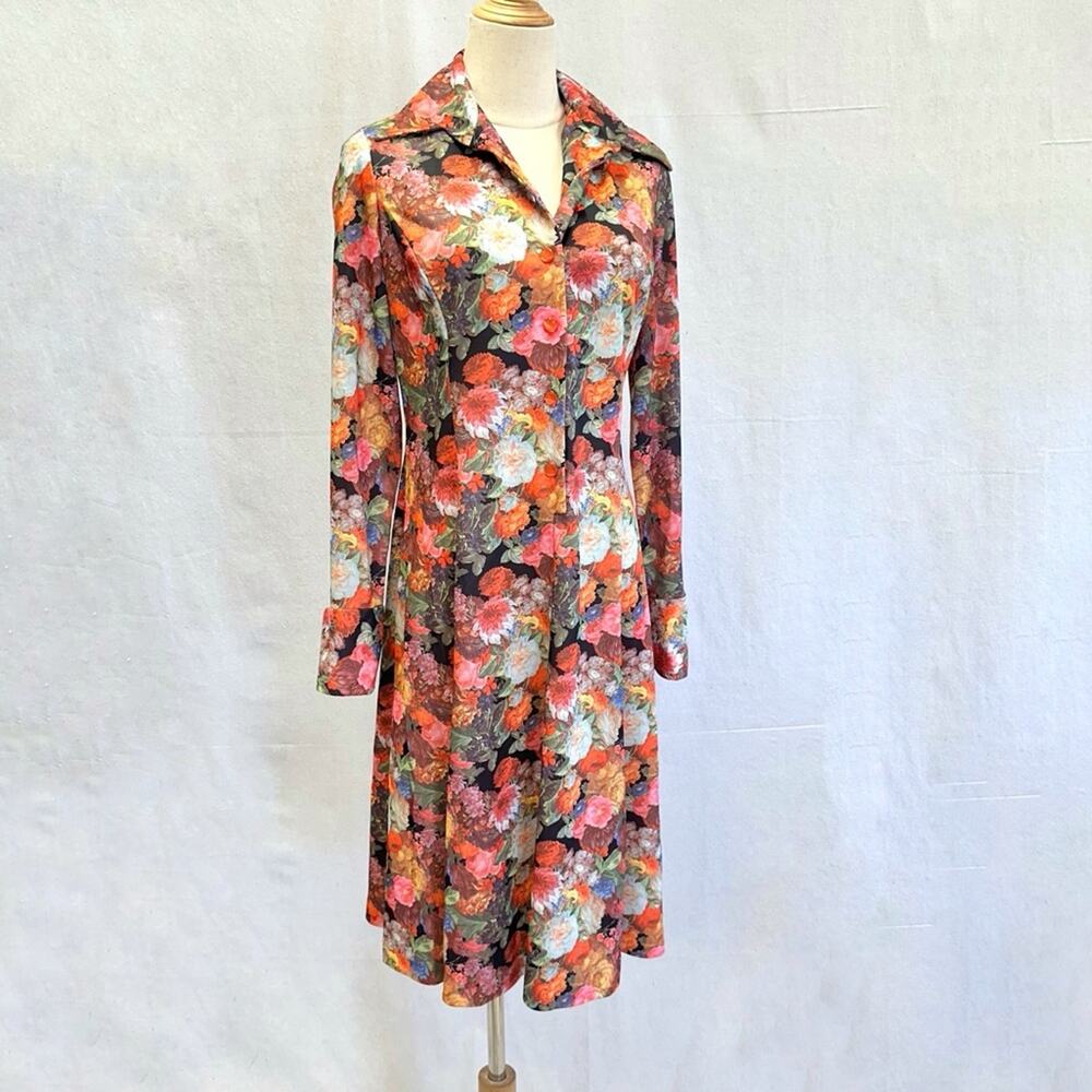 Vintage 70s Garden Colorful Floral Button Down Midi Shirt Dress Size 14 - Picture 8 of 16